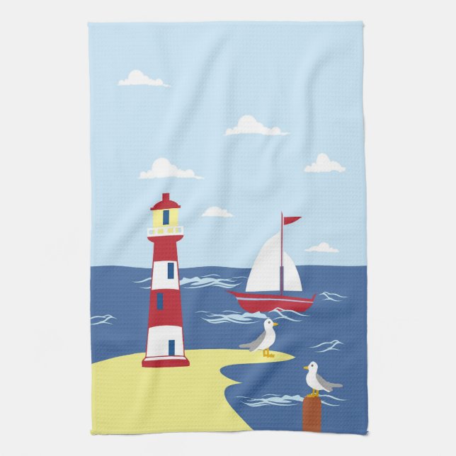 Cute Lighthouse and Boat Seaside Art Tea Towel (Vertical)