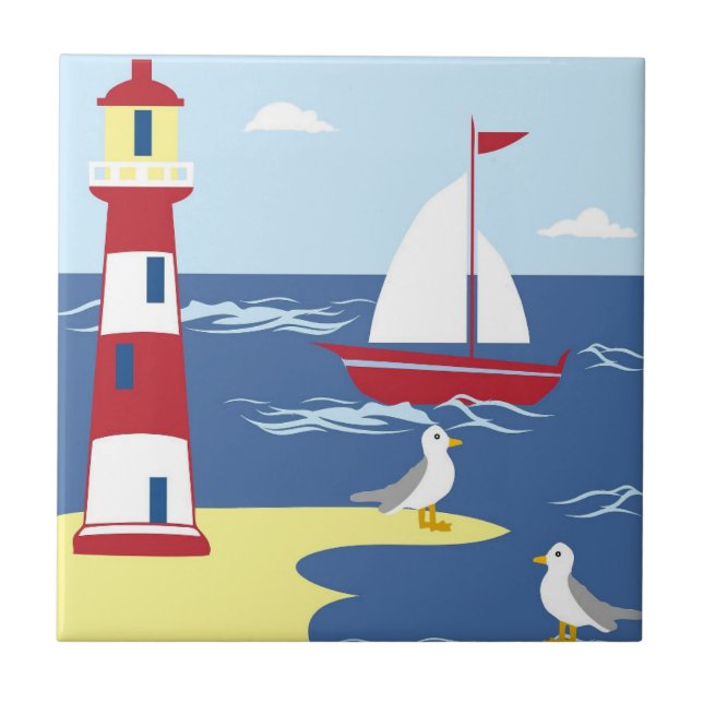 Cute Lighthouse and Boat Seaside Art Tile (Front)