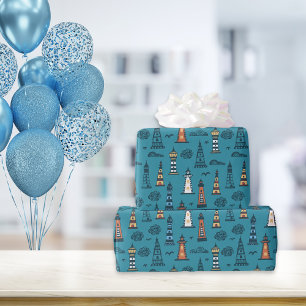 Cute Lighthouse Pattern Dark Teal Wrapping Paper