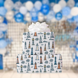 Cute Lighthouse Pattern White Wrapping Paper