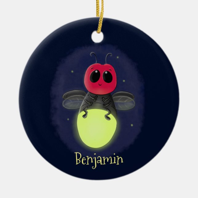 Cute lightning bug firefly cartoon illustration ceramic tree decoration (Front)