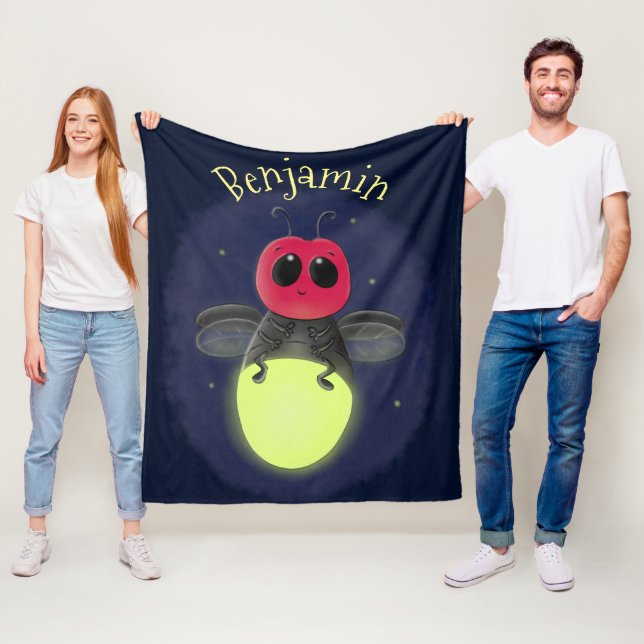 Cute lightning bug firefly cartoon illustration fleece blanket (In Situ)