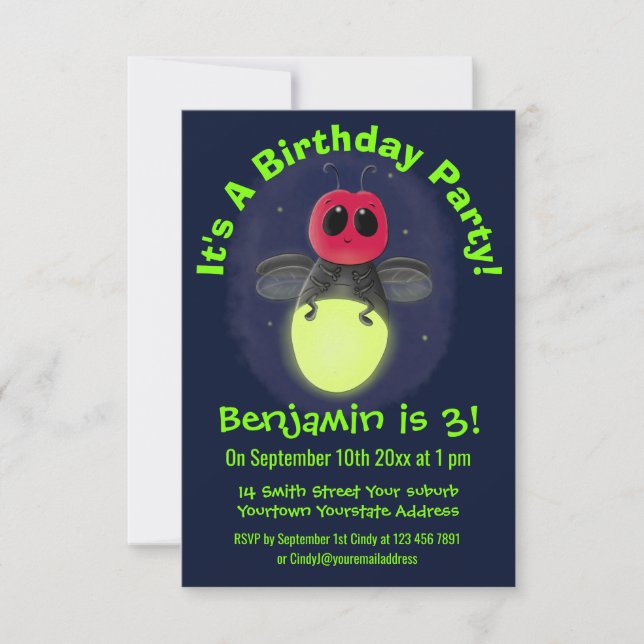 Cute lightning bug firefly cartoon illustration invitation (Front)