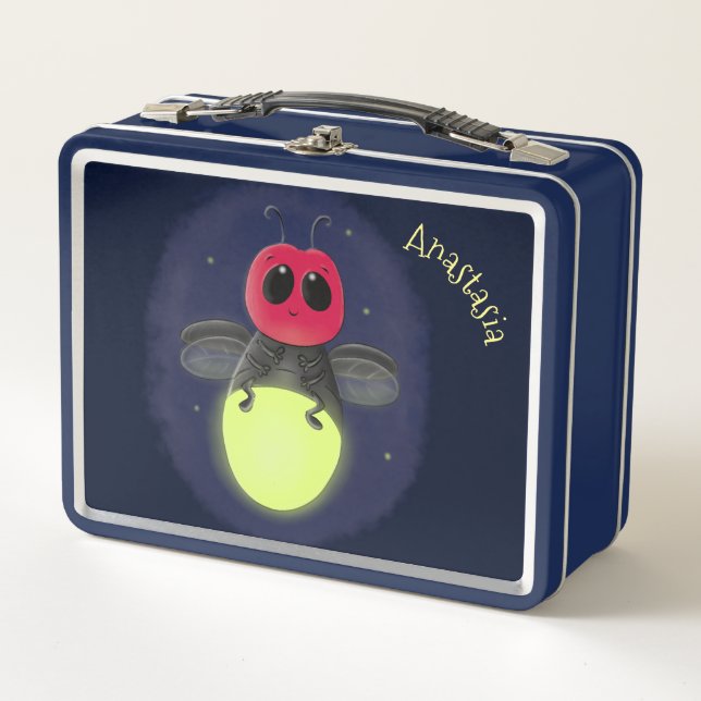 Cute lightning bug firefly cartoon illustration metal lunch box (Front)