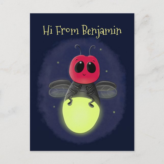 Cute lightning bug firefly cartoon illustration postcard (Front)