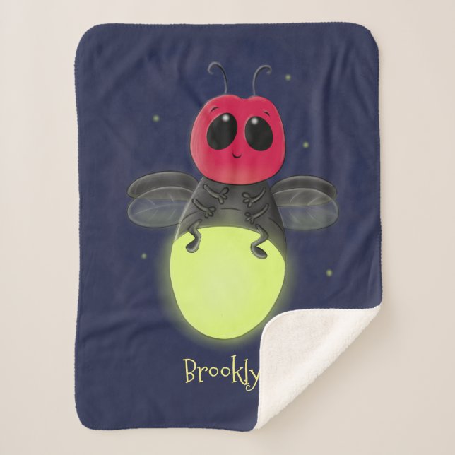 Cute lightning bug firefly cartoon illustration sherpa blanket (Front)