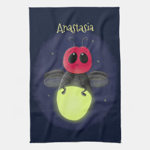 Cute lightning bug firefly cartoon illustration tea towel