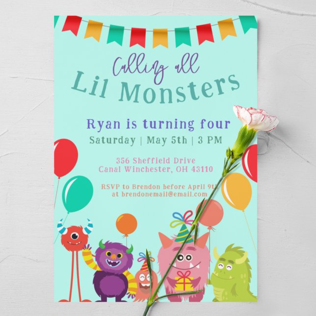 Cute lil Monster Cartoon Blue Birthday Party Invitation (Creator Uploaded)