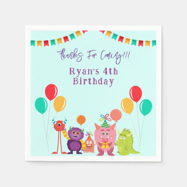 Cute lil monster cartoon fun birthday party napkin (Front)