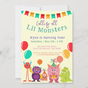 Cute lil Monster Cartoon Yellow Birthday Party Invitation