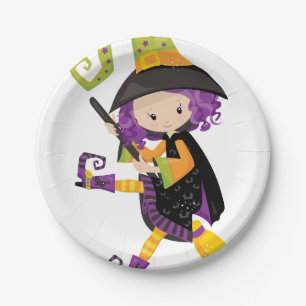 Cute Lil Witch With Purple Hair on A Broomstick Paper Plate
