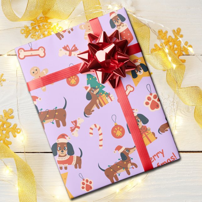 Cute Lilac Christmas Dachshund Merry Woofmas Wrapping Paper (Cute festive Dachshund wrapping paper in lilac, perfect for Dachshund dog lovers and the pups too!)
