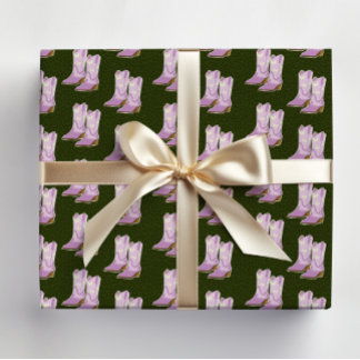 Cute Lilac Cowgirl boots Dark green Christmas Wrapping Paper Sheet