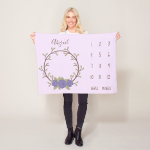 Cute Lilac Floral Wreath Baby Milestone Fleece Blanket
