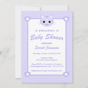 Cute Lilac Purple Cartoon Cat Kitten Baby Shower Invitation
