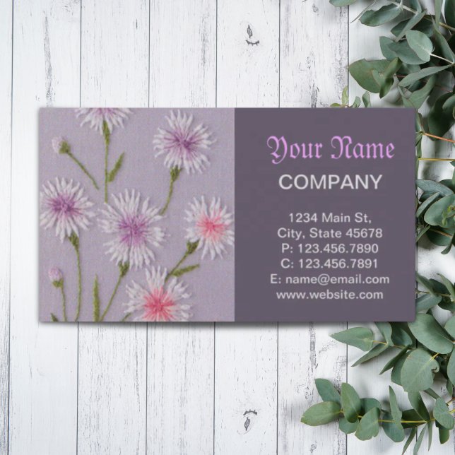 cute lilac purple embroidery floral white daisy business card (cute lilac purple embroidery floral white daisy business card)