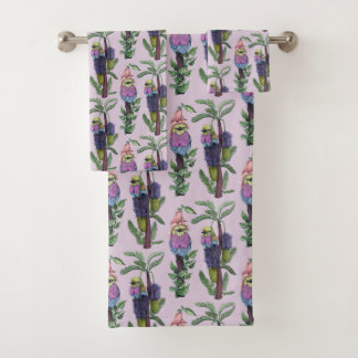 Cute Lilac Purple Watercolor African Bird Pattern Bath Towel Set