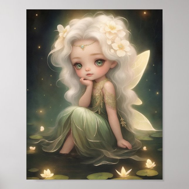 Cute Lilypad Fairy with Flowers, Whimsical Art Poster (Front)