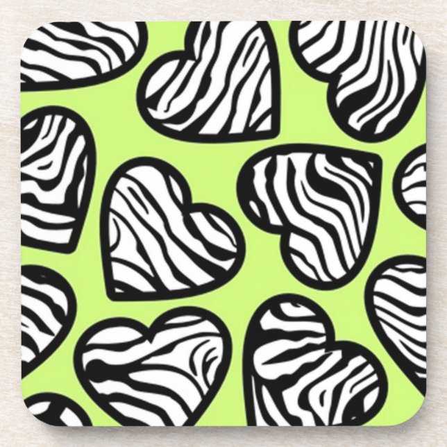 Cute lime green black white zebra pattern heart coaster (Front)
