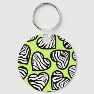 Cute lime green black white zebra pattern heart key ring