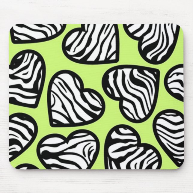 Cute lime green black white zebra pattern heart mouse pad (Front)