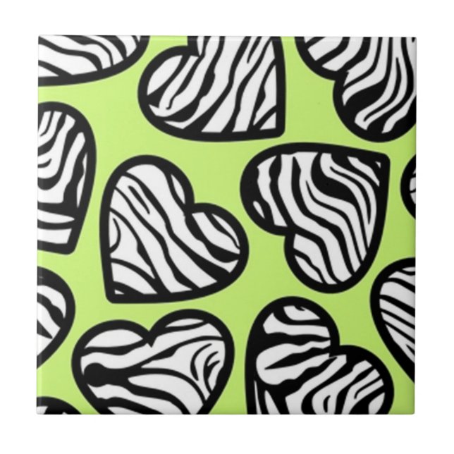 Cute lime green black white zebra pattern heart tile (Front)