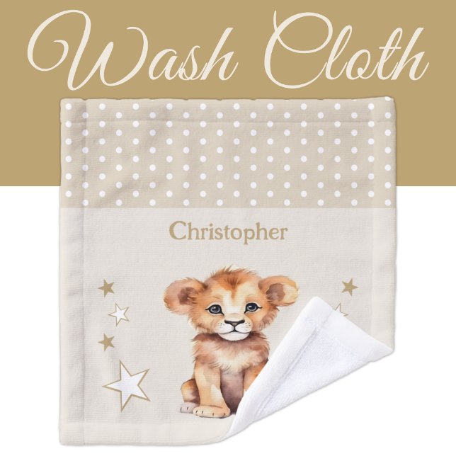 Cute lion add name polka dots stars brown wash cloth (Creator Uploaded)