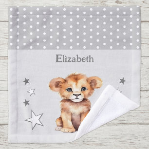 Cute lion add name polka dots stars grey wash cloth