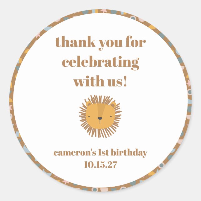 Cute Lion Baby Animal Custom Birthday Thank You  Classic Round Sticker (Front)