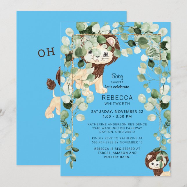 Cute Lion Baby Shower Foliage Blue In Person Invitation (Front/Back)