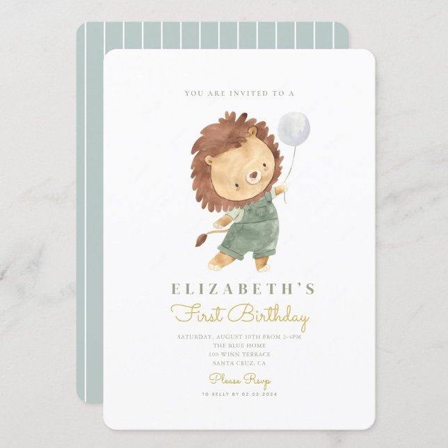 Cute Lion & Balloon First Birthday 1st Birthday Invitation (Creator Uploaded)