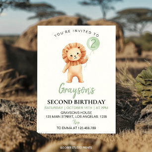 Cute Lion Balloon Sage Green Birthday Party Invitation