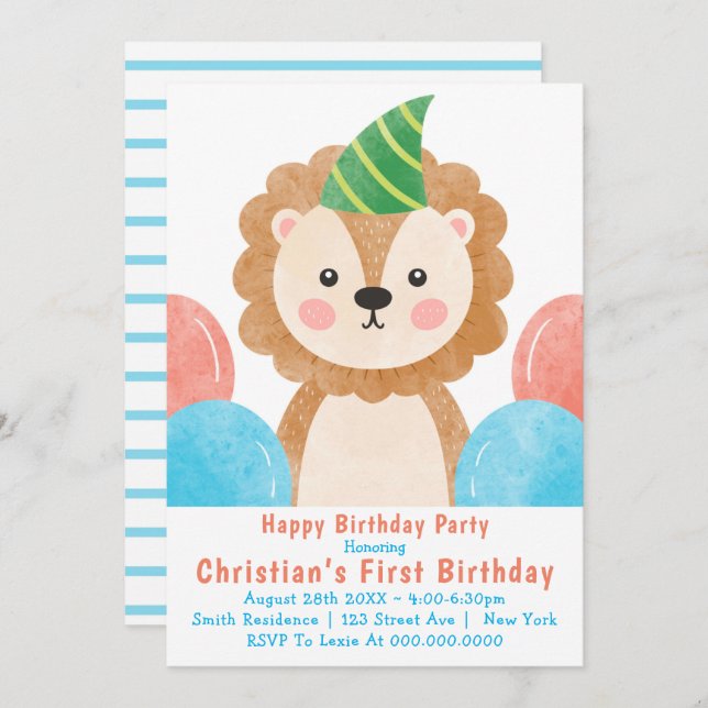 Cute Lion Balloons First Birthday Invitations  (Front/Back)