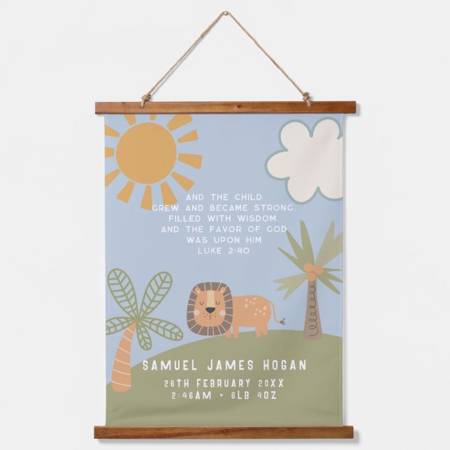 Cute Lion Bible Verse Birth Stats Boy's Nursery Hanging Tapestry (Front)