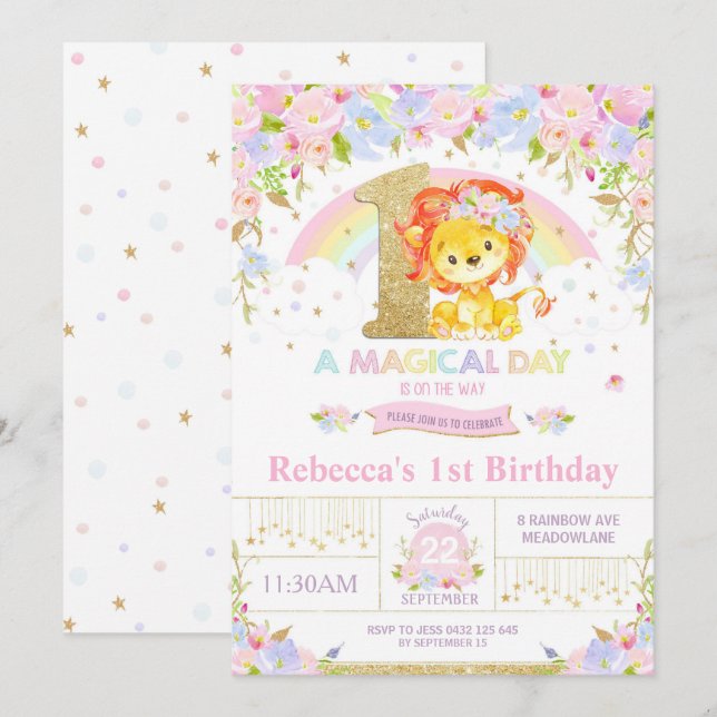Cute Lion Birthday Party Invitation Girl Floral (Front/Back)