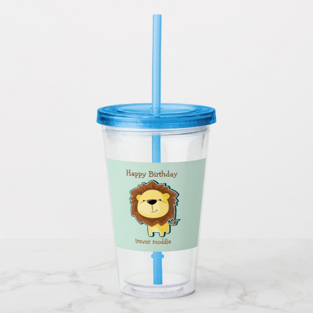 Cute lion blue pattern birthday acrylic tumbler (Front)