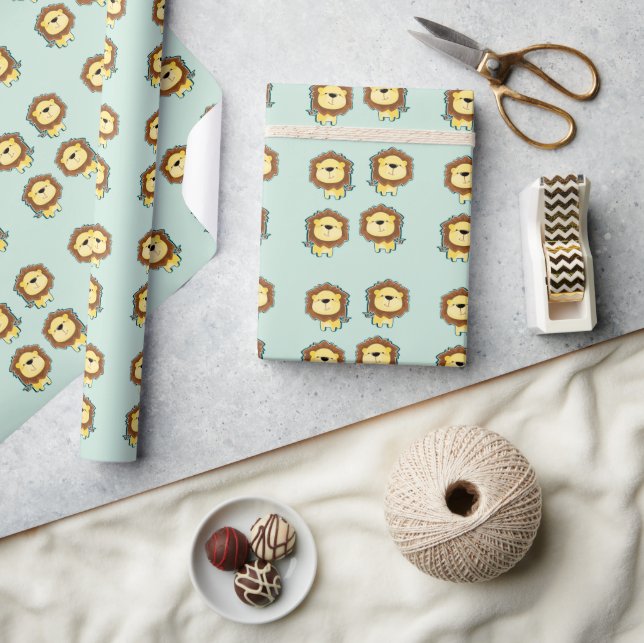 Cute lion blue pattern birthday wrapping paper (Crafts)