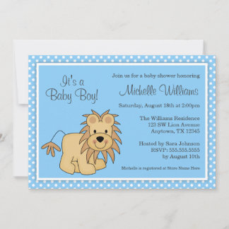Cute Lion Blue Polka Dots Boy Baby Shower Invitation