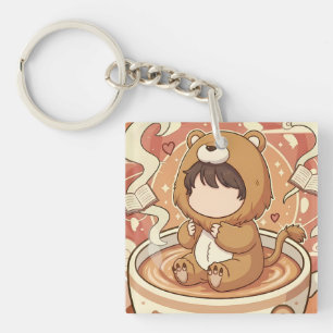 Cute Lion Boy Drinking Coffee Key Ring