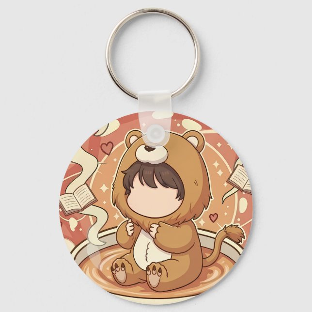 Cute Lion Boy Drinking Coffee Key Ring (Front)