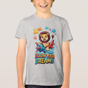 Cute Lion Cartoon Flying on a Colourful Plane Tri-Blend Shirt