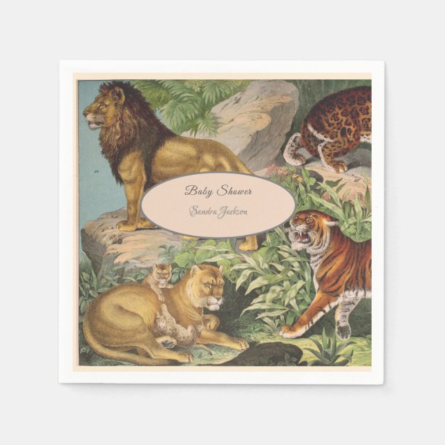 Cute Lion Cat jungle Dusty Blue Boyl Baby Shower Napkin (Front)