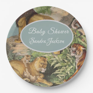 Cute Lion Cat jungle Dusty Blue Boyl Baby Shower Paper Plate