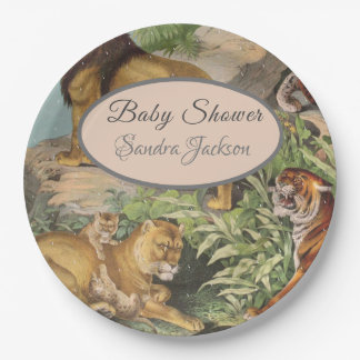 Cute Lion Cat jungle Dusty Blue Boyl Baby Shower Paper Plate