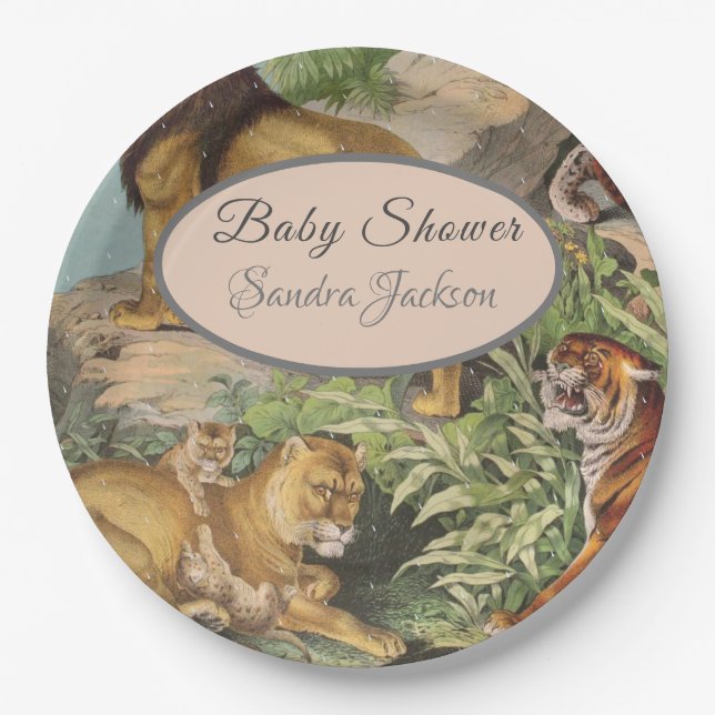 Cute Lion Cat jungle Dusty Blue Boyl Baby Shower Paper Plate (Front)