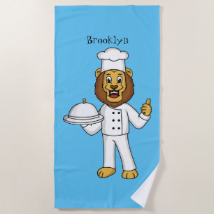 Cute lion chef cartoon illustration beach towel