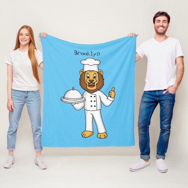 Cute lion chef cartoon illustration fleece blanket (In Situ)