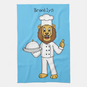 Cute lion chef cartoon illustration tea towel