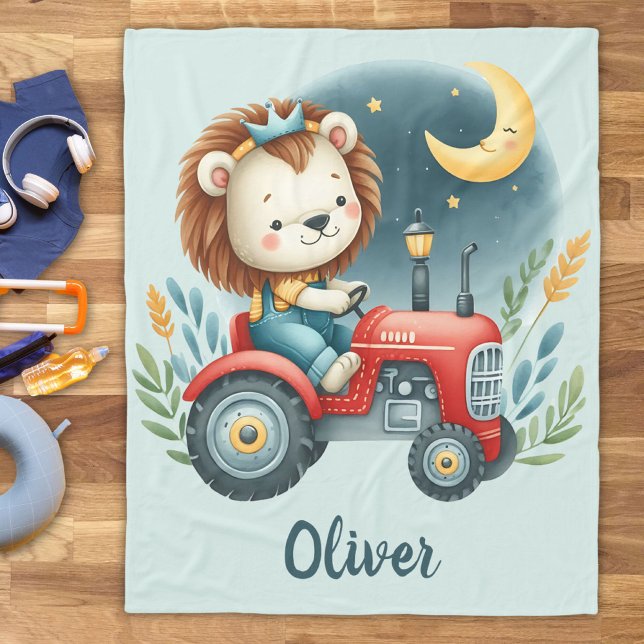 Cute Lion Cub on Red Tractor at Night Fleece Blanket (Creator Uploaded)