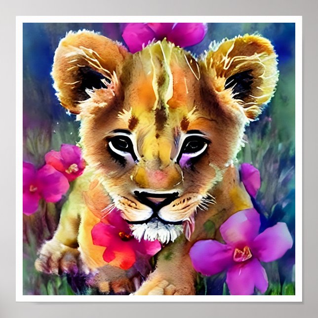 Cute Lion Cub Surrounded by Flowers Poster (Front)
